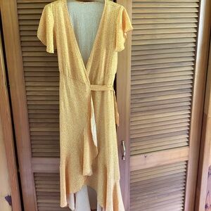 Yellow floral high/low wrap dress. Small